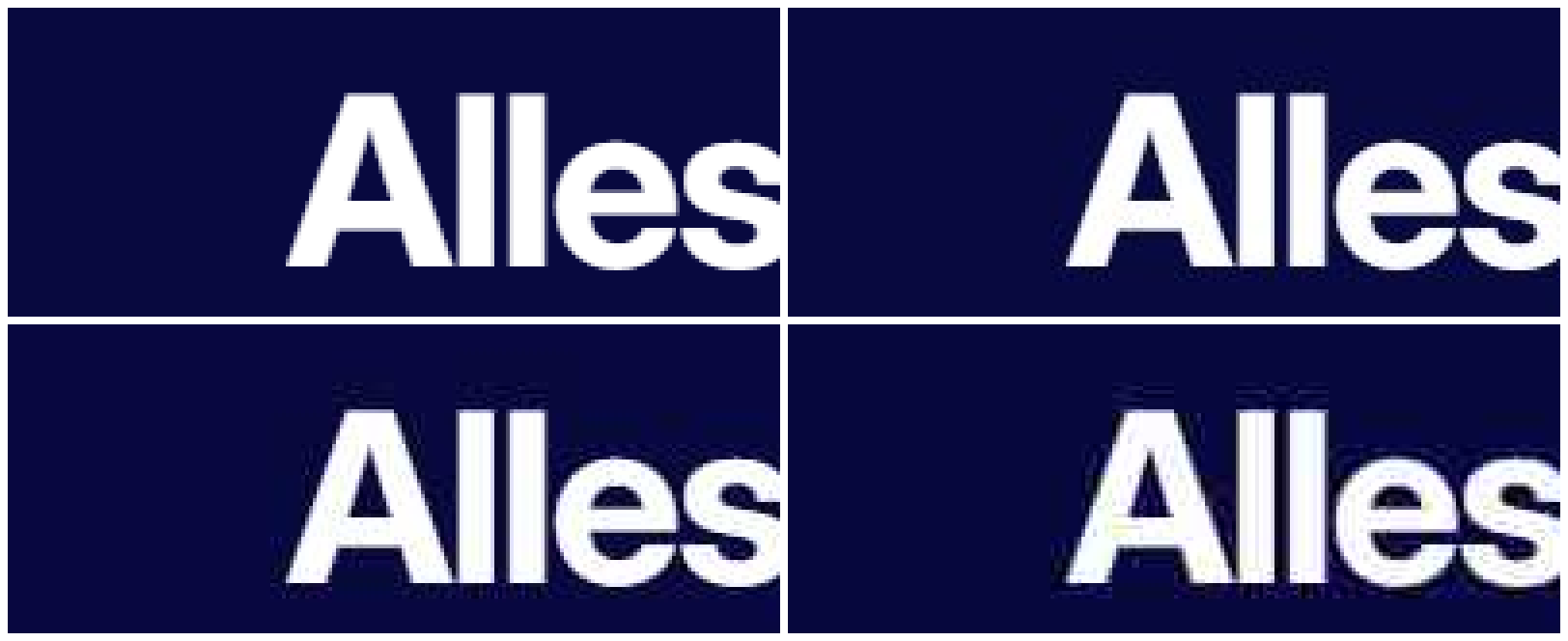 Derselbe Buchstabenausschnitt viermal nebeneinander: als PNG scharf, als JPG mit Qualität 80 mit leichtem Schleier an den Kanten, mit Qualität 50 deutlich unsauber, mit Qualität 20 mit sichtbaren Blöcken und Farbsäumen