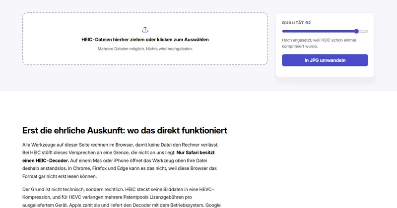 Bildschirmfoto des Werkzeugs „HEIC in JPG“