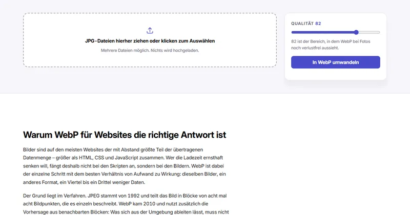 Bildschirmfoto des Werkzeugs „JPG in WebP“