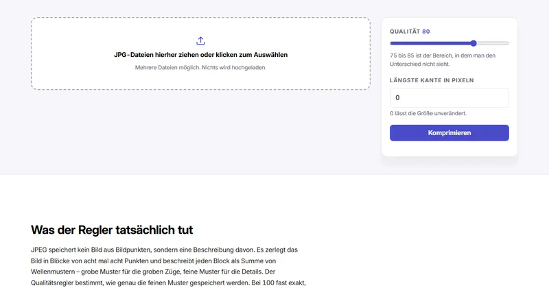 Bildschirmfoto des Werkzeugs „JPG komprimieren“