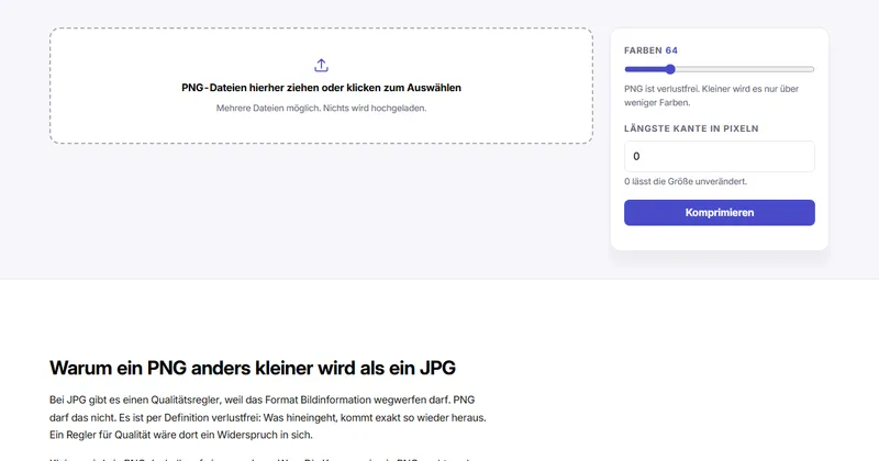 Bildschirmfoto des Werkzeugs „PNG komprimieren“