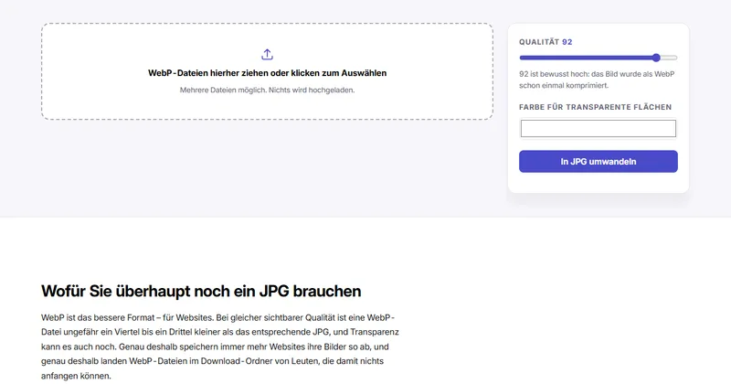 Bildschirmfoto des Werkzeugs „WebP in JPG“